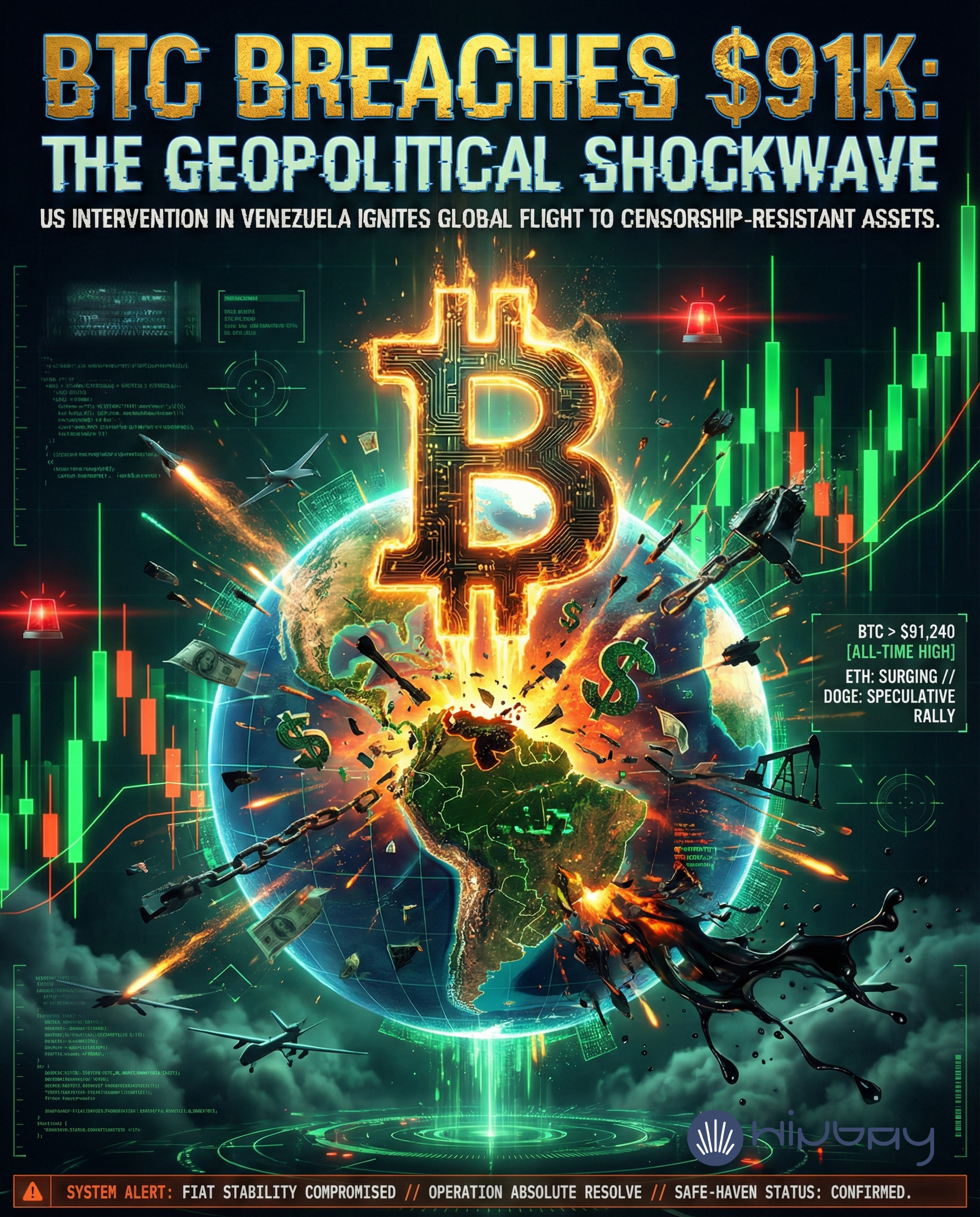 Global Market Brief: Bitcoin Breaches $91,000 as US Intervention in Venezuela Sparks Safe-Haven Rally